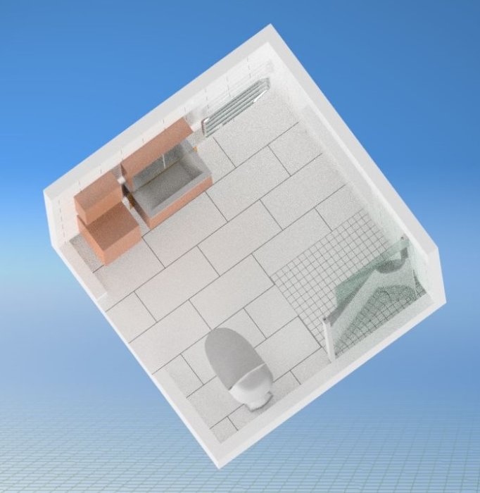 3D-visualisering av ett badrum med större yta täckt av liten klinkerplatta.