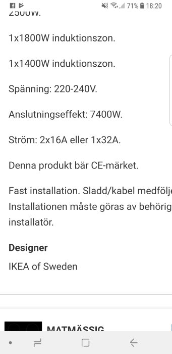 Skärmdump som visar tekniska specifikationer för en häll med induktionszoner, spänning och strömkrav.