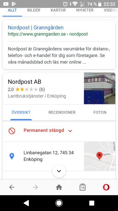 Skärmdump av en sökresultatsida med Nordpost AB markerat som permanent stängt.