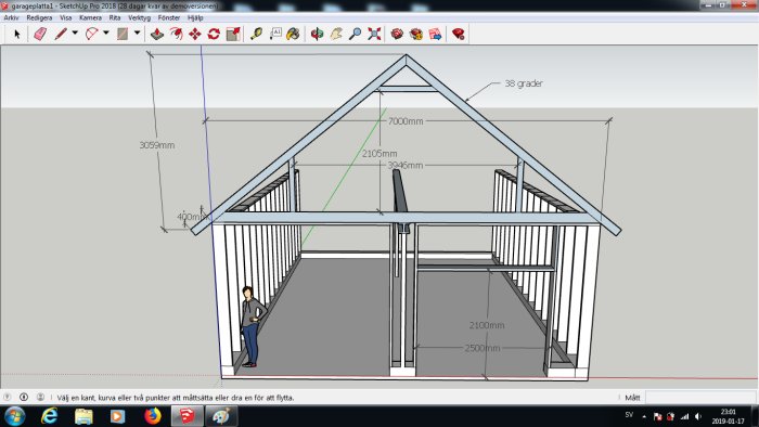 3D-ritning av en byggnadssektion med måttangivelser i SketchUp.