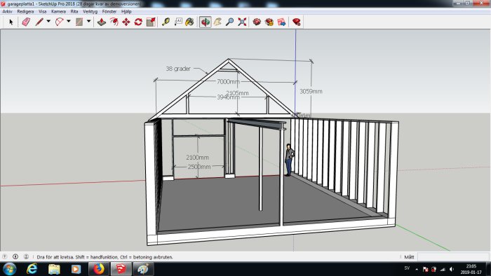 3D-modell av ett byggprojekt med måttangivelser i SketchUp.