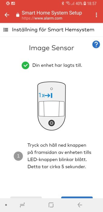 Skärmdump av installationsguide för Image Sensor i en app för Smart Hemsystem.