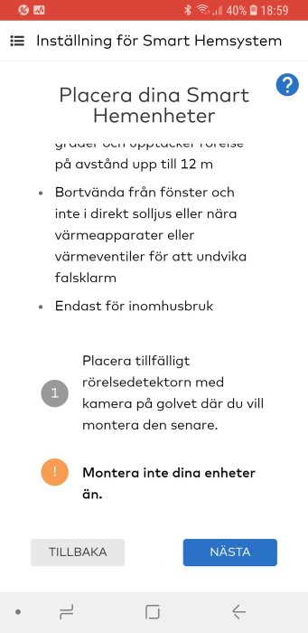 Skärmdump av installationsguiden för ett smart hemlarmssystem med instruktioner för placering av sensorer.