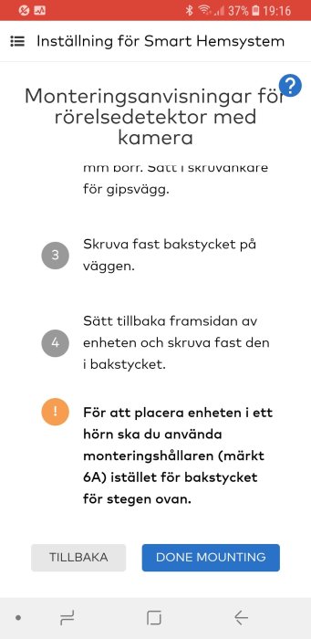 Skärmdump av installationsguiden för en rörelsedetektor med kamera i en smart hemapp.