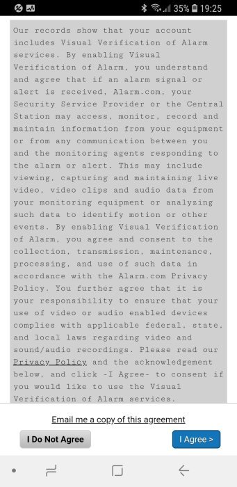 Smartphone-skärm som visar avtalstext för visuell verifiering av larmtjänster med knapparna "I Do Not Agree" och "I Agree".
