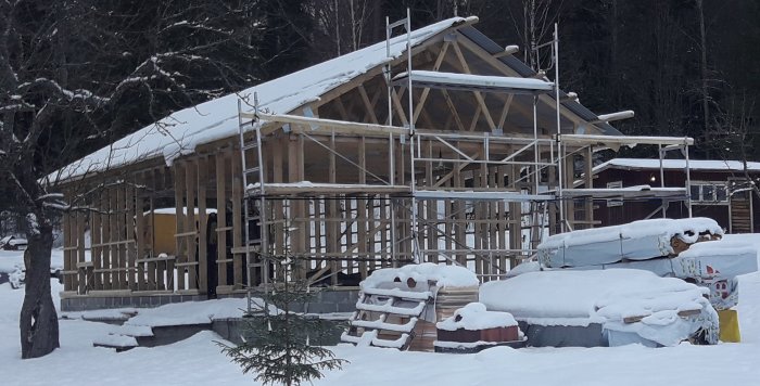 Byggkonstruktion med snötäckt tak och material över tomten, byggarbete på vintern.