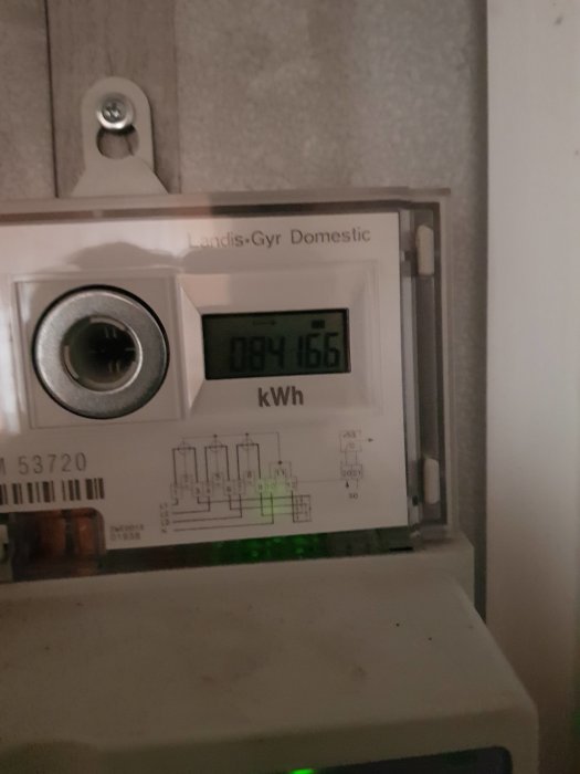 Elmätare med LCD-display visar 084166 kWh förbrukning i ett skåp.