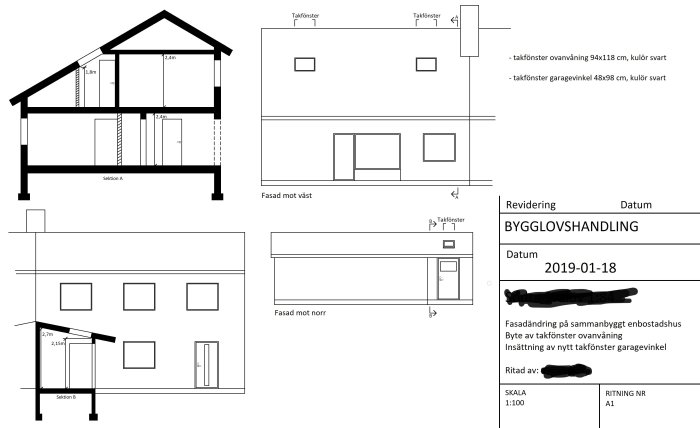 Arkitektritningar av en byggnad med måttangivelser och ändringar på fasader samt sektioner A och B.