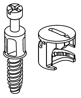 Svartvit illustration av ett kopplingsbeslag och en matchande skruv.