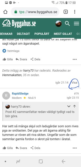 Skärmdump från ett diskussionsforum med markerat raderat inlägg och en visa-knapp.