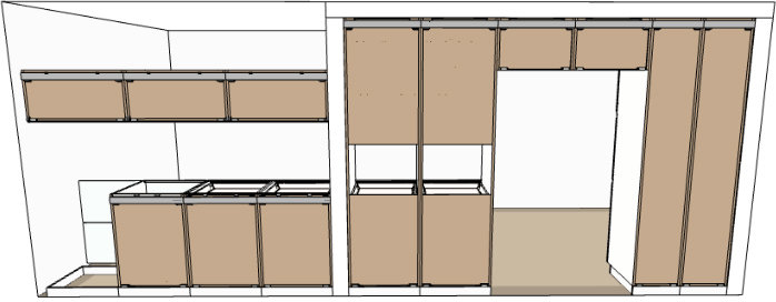 Digital skiss av köksskåpsinstallation med METOD upphängningsskena från IKEA.