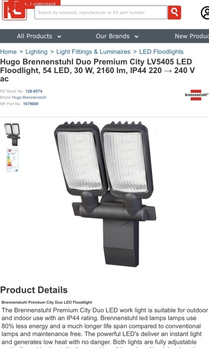 Hugo Brennenstuhl Duo Premium City LV5405 LED-projektör med dubbla ljuskällor mot grå bakgrund, IP44-klassad.