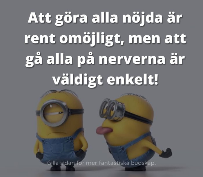 Två Minion-figurer med texten "Att göra alla nöjda är rent omöjligt, men att gå alla på nerverna är väldigt enkelt!