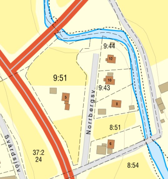 Kartbild visar fastigheter med beteckningar 8:54, 8:51 och 9:51 i förhållande till vägar och åkrar.