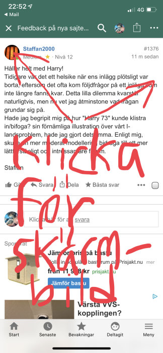 Skärmbild från en smartphone med diskussionsforum och överstrukna texter samt röda markeringar av ordet "klicka".