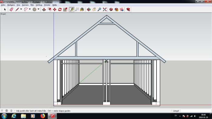 Ritning i SketchUp av garagefasad med dubbla portar, indikation för planerade fönster och dörr.