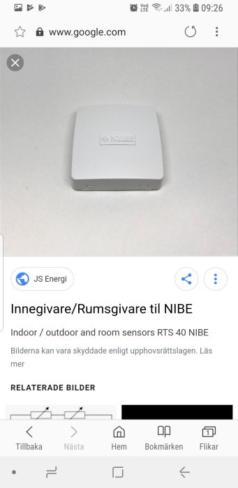 NIBE rumsgivare för värmesystem, vit enhet på enkel bakgrund.