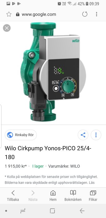 Wilo cirkulationspump Yonos-PICO 25/4-130 för hushållsbruk, ny och tryckstyrd.
