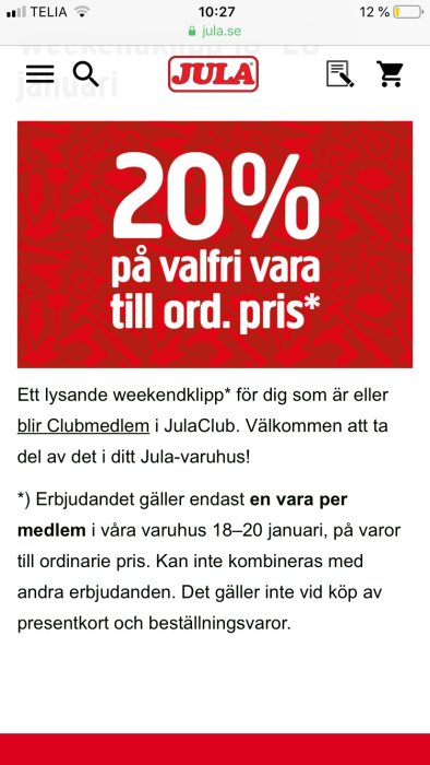 Reklambild för 20% rabatt på valfri vara till ordinarie pris vid Jula för medlemmar.