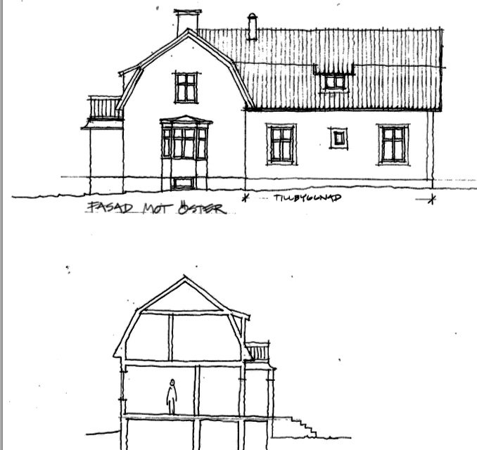 Handritade skisser av husfasad och sektion med utbyggnad bakåt.