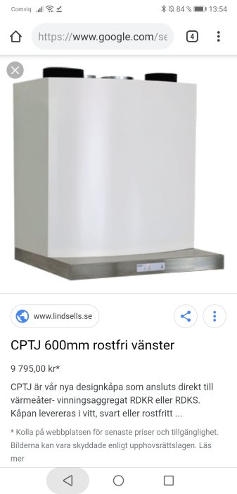 Väggmonterad vit ventilationskåpa med rostfri botten, tänkt för anslutning till värmeförlustaggregat.