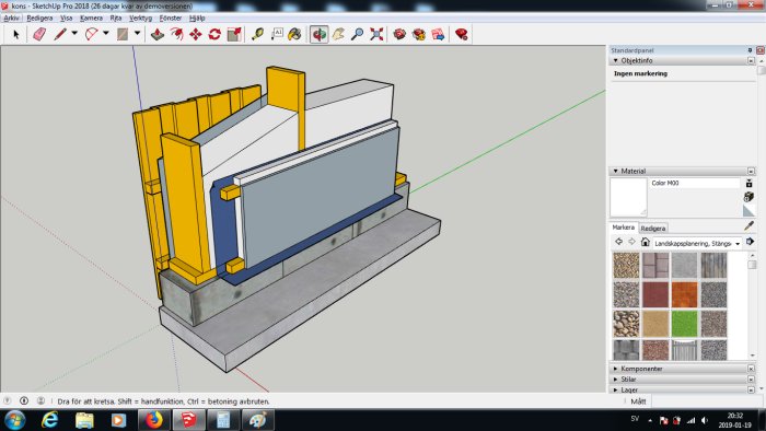 3D-modell av väggsektion med spikreglar i SketchUp, grågrunden och gul isolering.