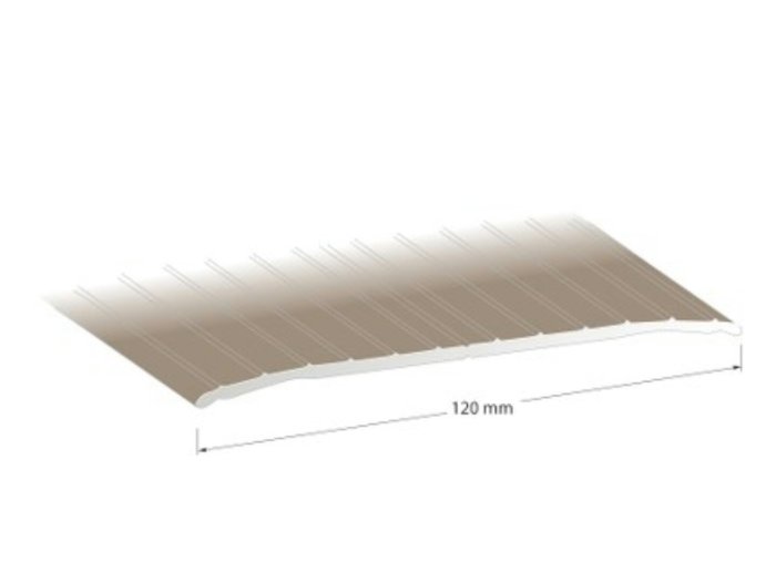 Illustration av en tröskel i beige nyans, matchande en skarvlist, med dimensionerna angivna.