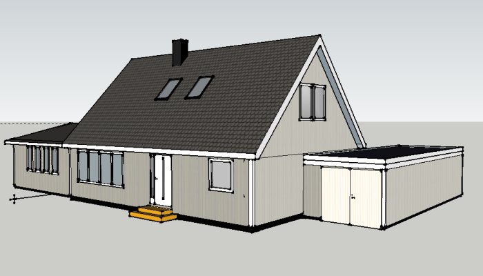 3D-skiss av ett hus med tillbyggt garage och planerat pulpettak, entré med trappsteg.