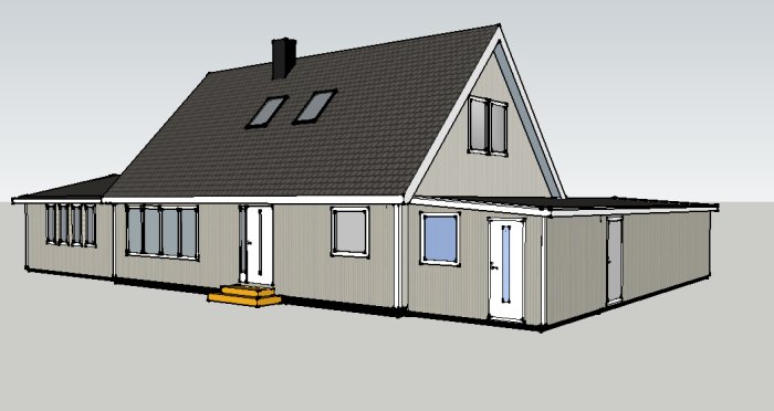 3D-skiss av ett hus med tillbyggt pulpettak och ny ingång där garageportarna ersatts.