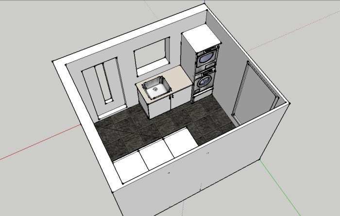 3D-skiss av planerad tvättstuga med bänkar, tvättmaskin, torktumlare och vask i ett renoverat garage.