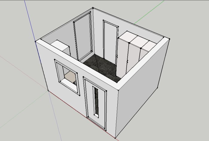 3D-skiss av en planerad groventré och tvättstuga, med trappsteg och inredningsförslag.