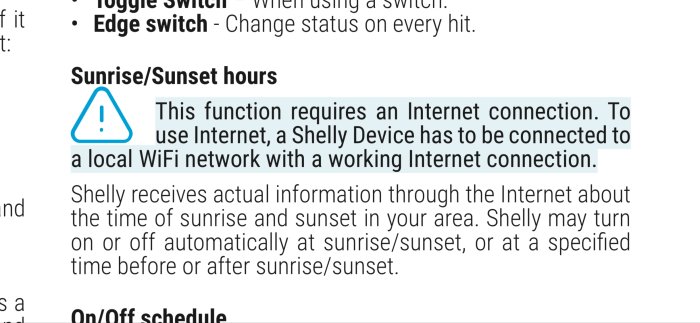 Skärmbild av information om att en Shelly-enhet kräver en internetanslutning för soluppgång/solnedgångsfunktionen.