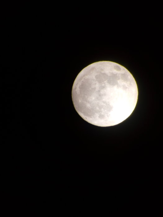 Bild tagen med mobil genom okularet på en tubkikare som visar en närbild av månen mot mörk bakgrund.