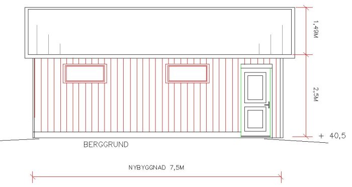 Arkitektonisk skiss av ett dubbelgarage med mått, inklusive två fönster och en dörr markerade i grönt.