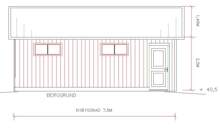 Arkitektonisk skiss av en garagefasad med konturer för två rektangulära fönster och en dörr, markerade mått.