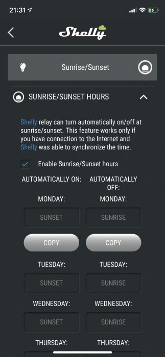 Skärmdump av Shelly-appen med inställningar för automatisk på/av vid soluppgång/solnedgång aktiverat.