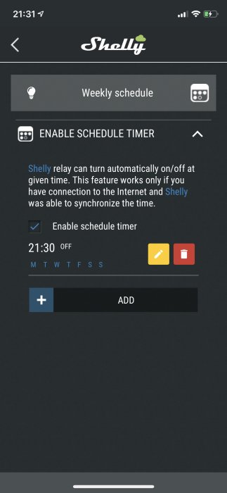 Skärmdump av Shelly-appen med aktiverad schemaläggare inställd på 21:30 avstängning.