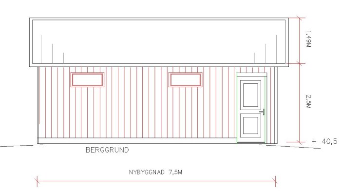Ritning av en vägg med två små fönster och en dörr med ett runt fönster, inga hyllor syns.