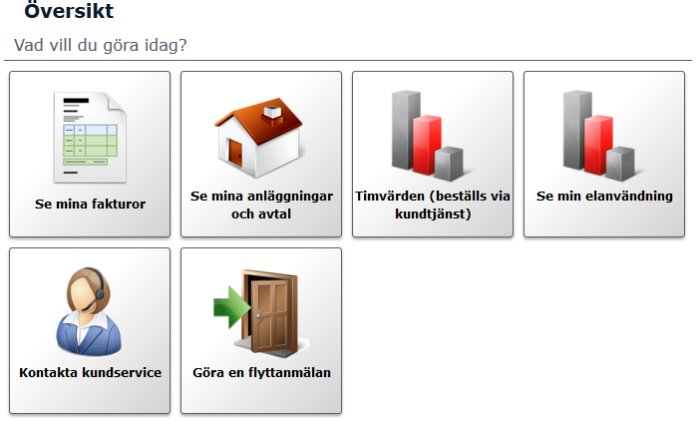 Ikoner som representerar onlinekontotjänster: fakturor, anläggningar, statistik och kundservice.