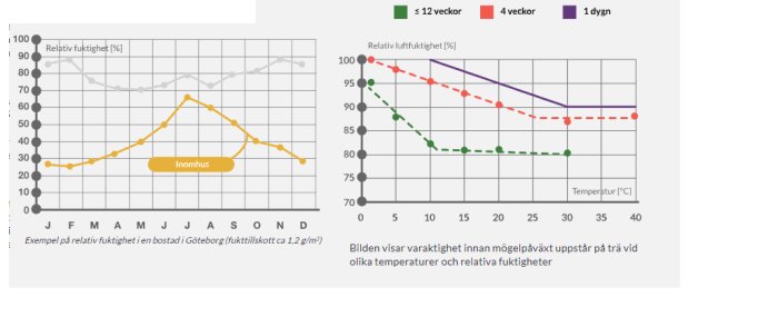 Grafer som visar relativ fuktighet inomhus i Göteborg och risk för mögeltillväxt vid olika fuktighet och temperatur.