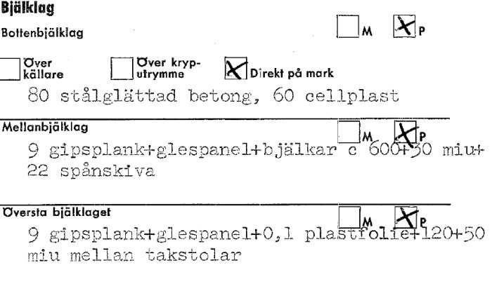 Schematisk ritning som visar konstruktionen av ett bjälklag direkt på mark med isolering samt mellan- och översta bjälklag.