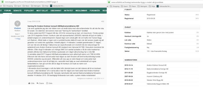 Skärmdump av diskussionsforum och företagsinformation, varningstext om oärliga byggföretag och namnändringar.