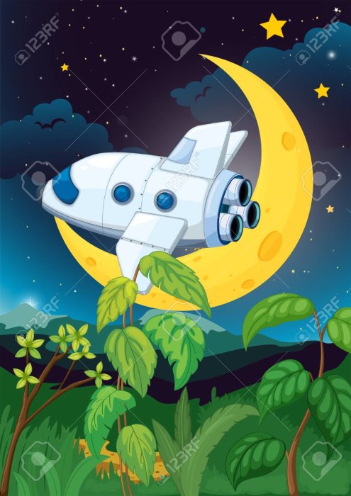 Animerad rymdfärja som sitter fast i en gul halvmåne bakom gröna trädtoppar under en stjärnklar natthimmel.