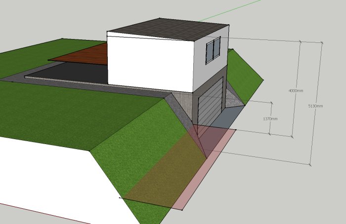 3D-ritning av ett vitt attefallshus med källare och måttangivelser, carport under grön altan.