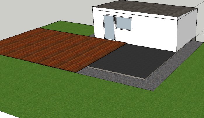 3D-skiss av ett modernt attefallshus med flackt tak och angränsande carport på en grön gräsmatta.