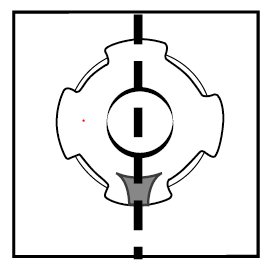 Diagram av en Esbe shunt med pilen på 13:30-position indikerandes stängt läge enligt diskussionen.