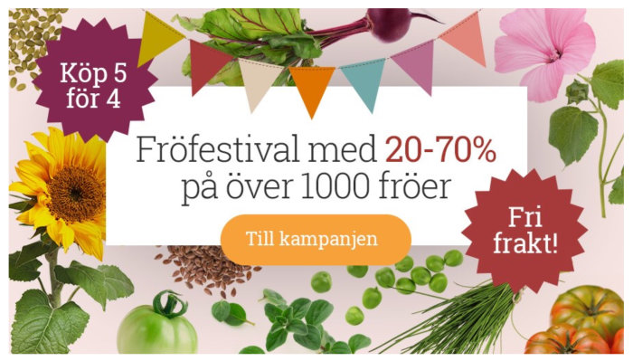 Reklambild för fröfestival med rabatter, solros, grönsaker och 'Fri frakt' stjärna.