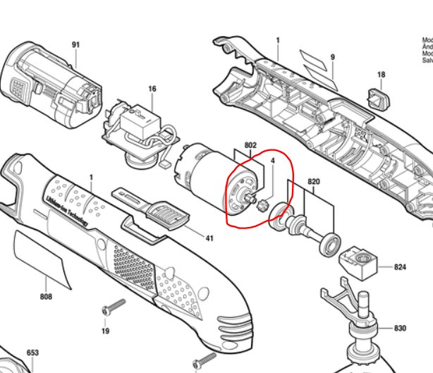 Sprängskiss av elverktyg med en markerad bussning (SLEEVE BSD-2609100709.A) som löste driftproblemet.