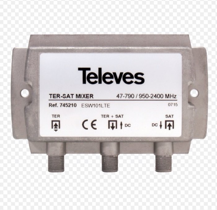 Grå metallisk TER-SAT mixer från Televes med frekvensområde 47-2400 MHz för sammanblandning av TV- och satellitsignaler.