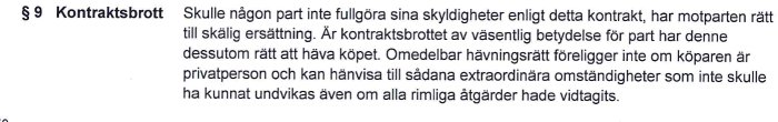 Textutdrag om kontraktsbrott från ett köpeavtal med rubriken och detaljer om ersättning och hävningsrätt.